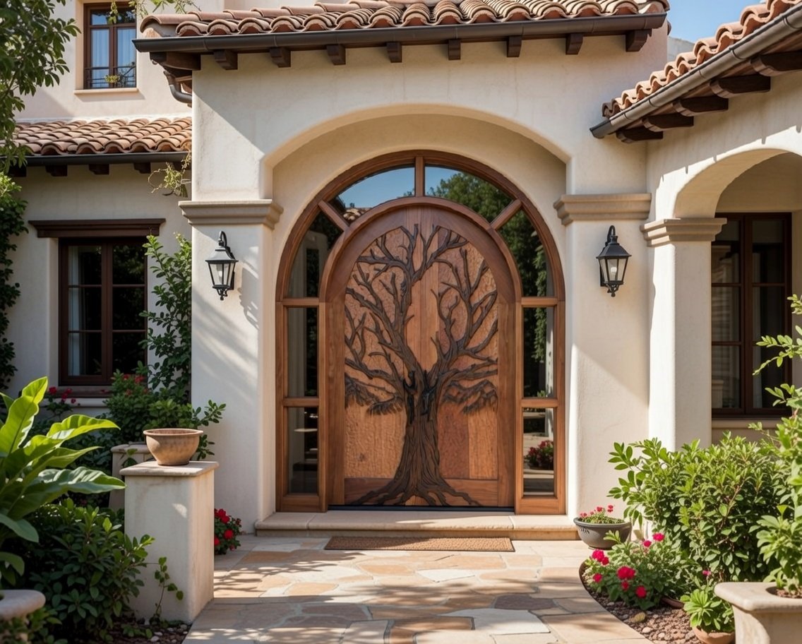 Custom hand-carved Tree of Life solid wood arched double front doors with full round top transom light and glass sidelights, installed under a stucco archway of a Mediterranean Spanish Revival villa with clay tile roof and flagstone walkway.