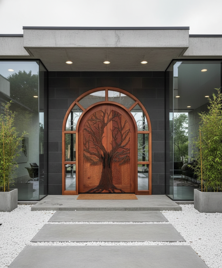 Custom hand-carved Tree of Life solid wood arched double entry doors with round top transom light and glass sidelights, installed in a modern minimalist concrete and glass luxury home entrance flanked by bamboo planters.
