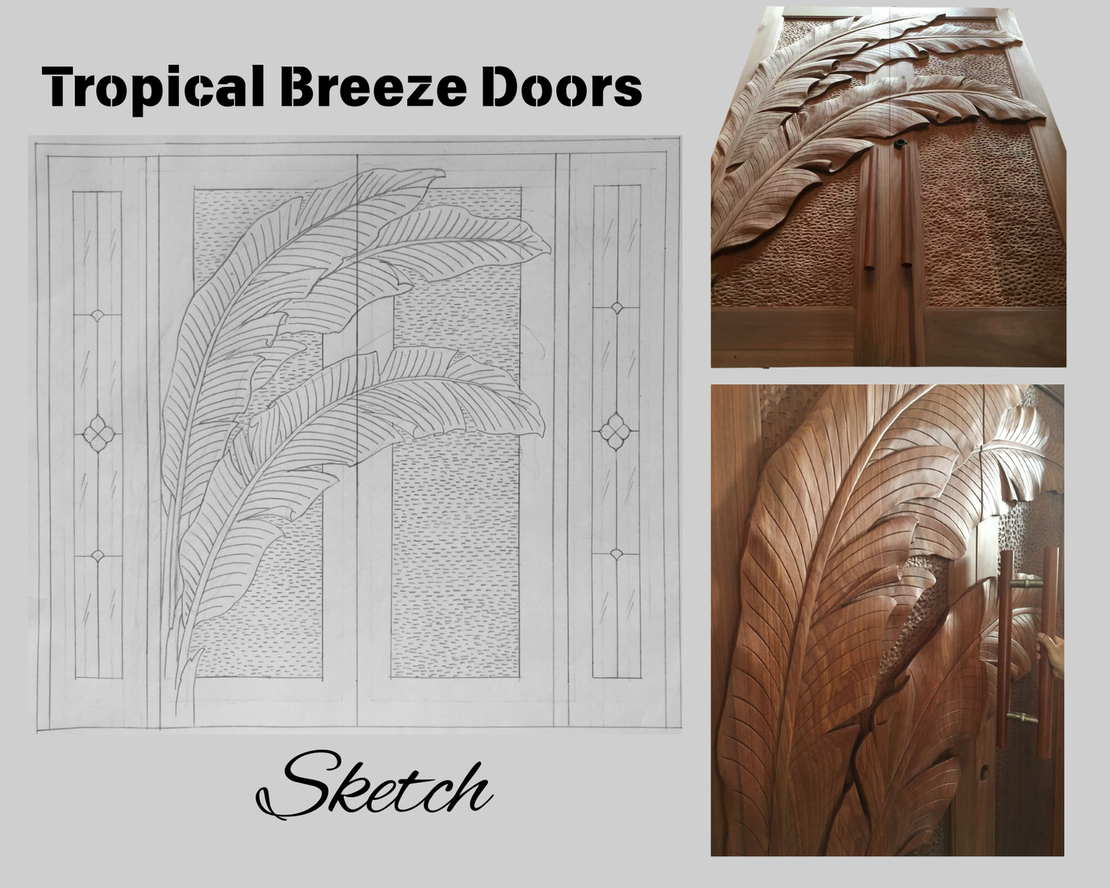 Crown Custom Doors design workflow collage featuring an architectural line sketch alongside detailed close-ups of hand-carved solid wood tropical palm frond leaves and textured door panels.