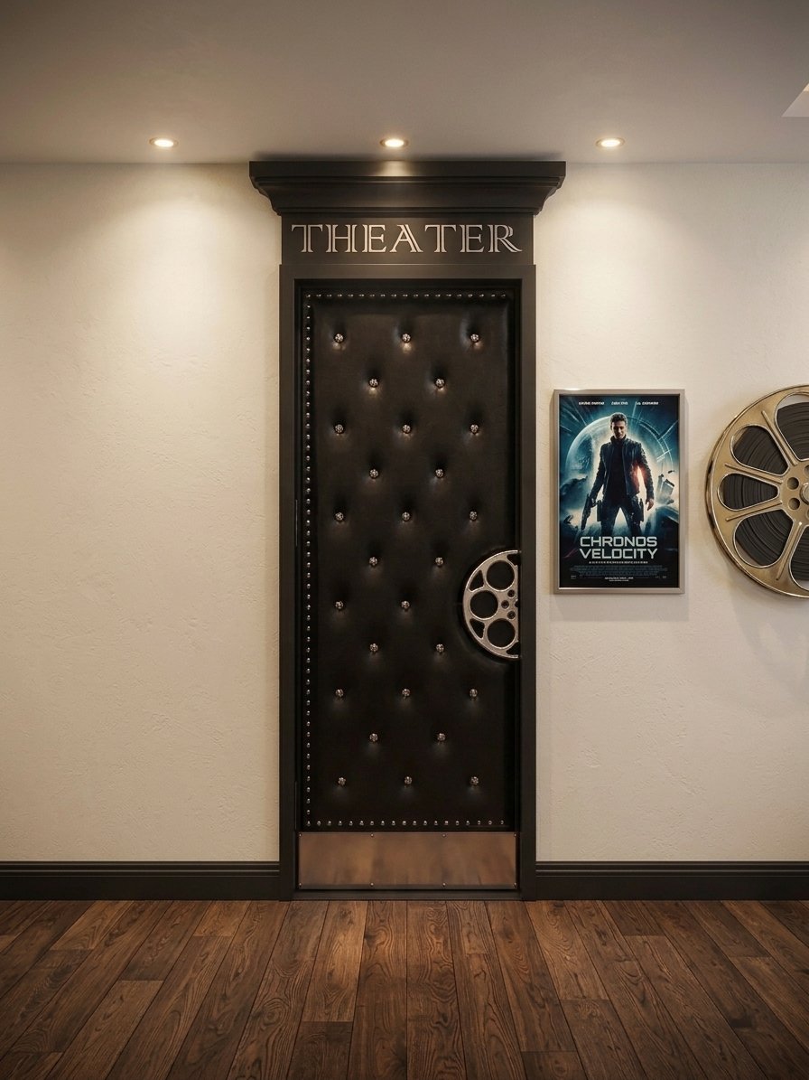 Custom upholstered black leather home theater entrance door featuring button tufting, nailhead trim, a custom film reel door handle, and carved 'THEATER' header crown molding.