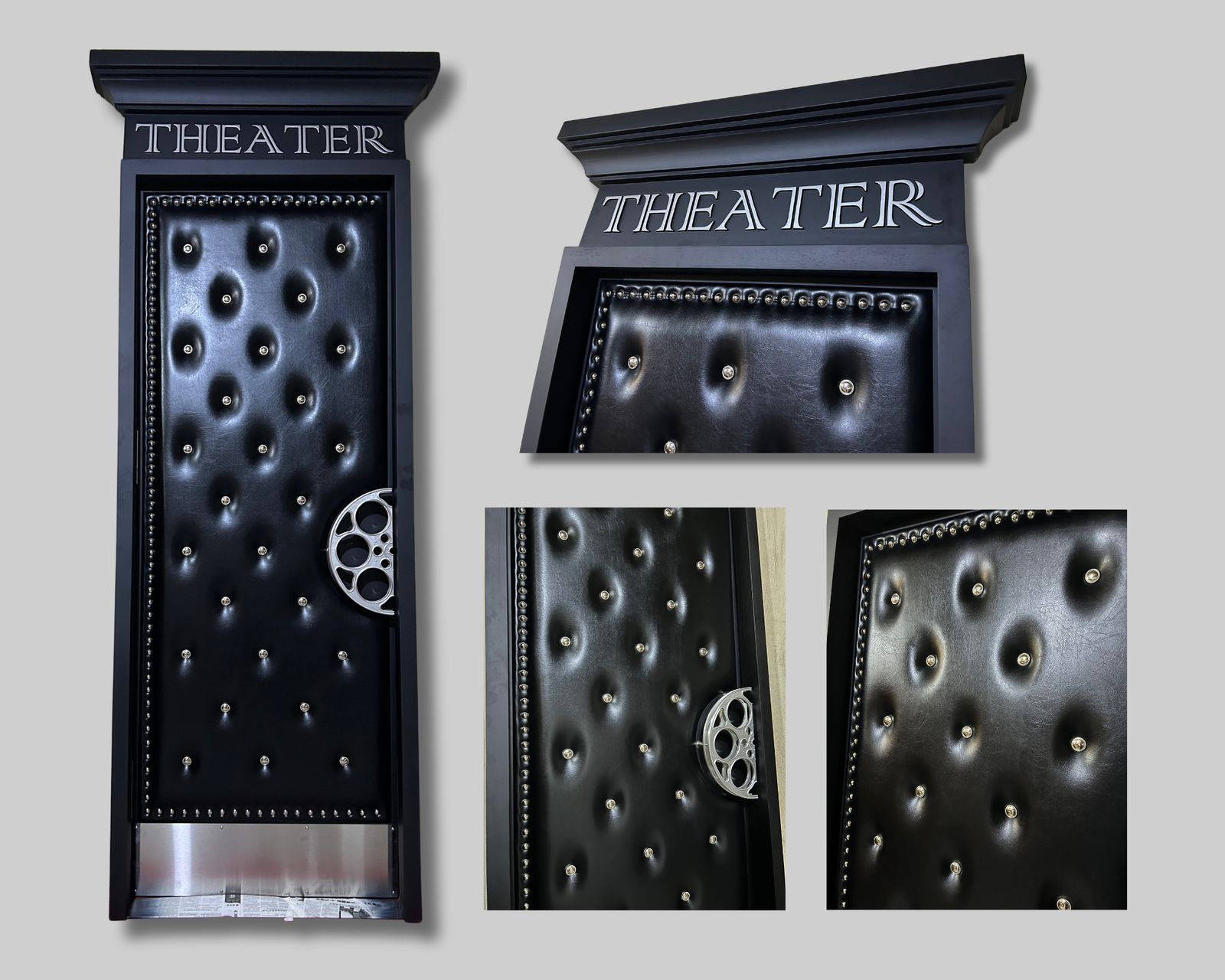 Finished custom black home theater door showcasing deep diamond-tufted black leatherette upholstery, silver nailhead trim, a custom silver film reel door pull, stainless steel kick plate, and an carved THEATER header.