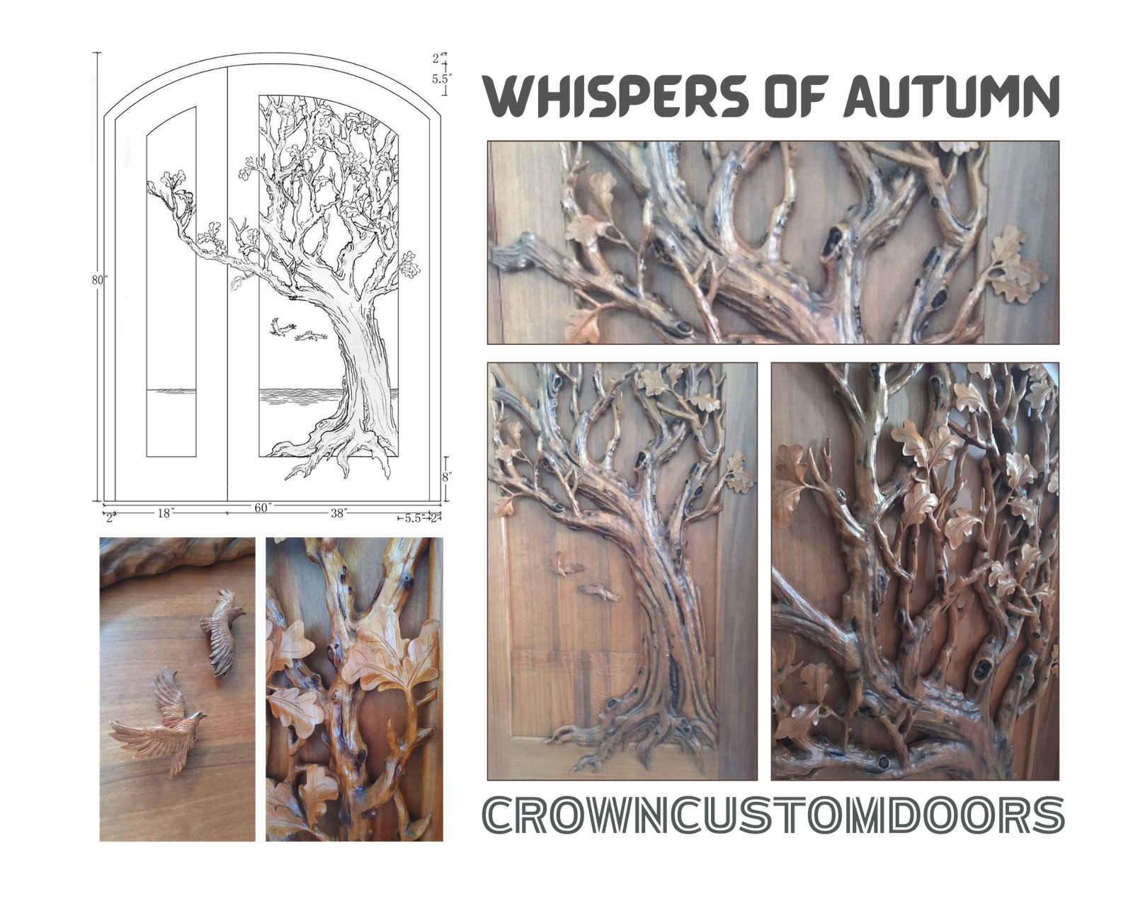 Crown Custom Doors design specification board showing CAD blueprint drawings alongside detailed close-up photos of hand-carved oak tree branches, leaves, and flying birds on a solid wood door.