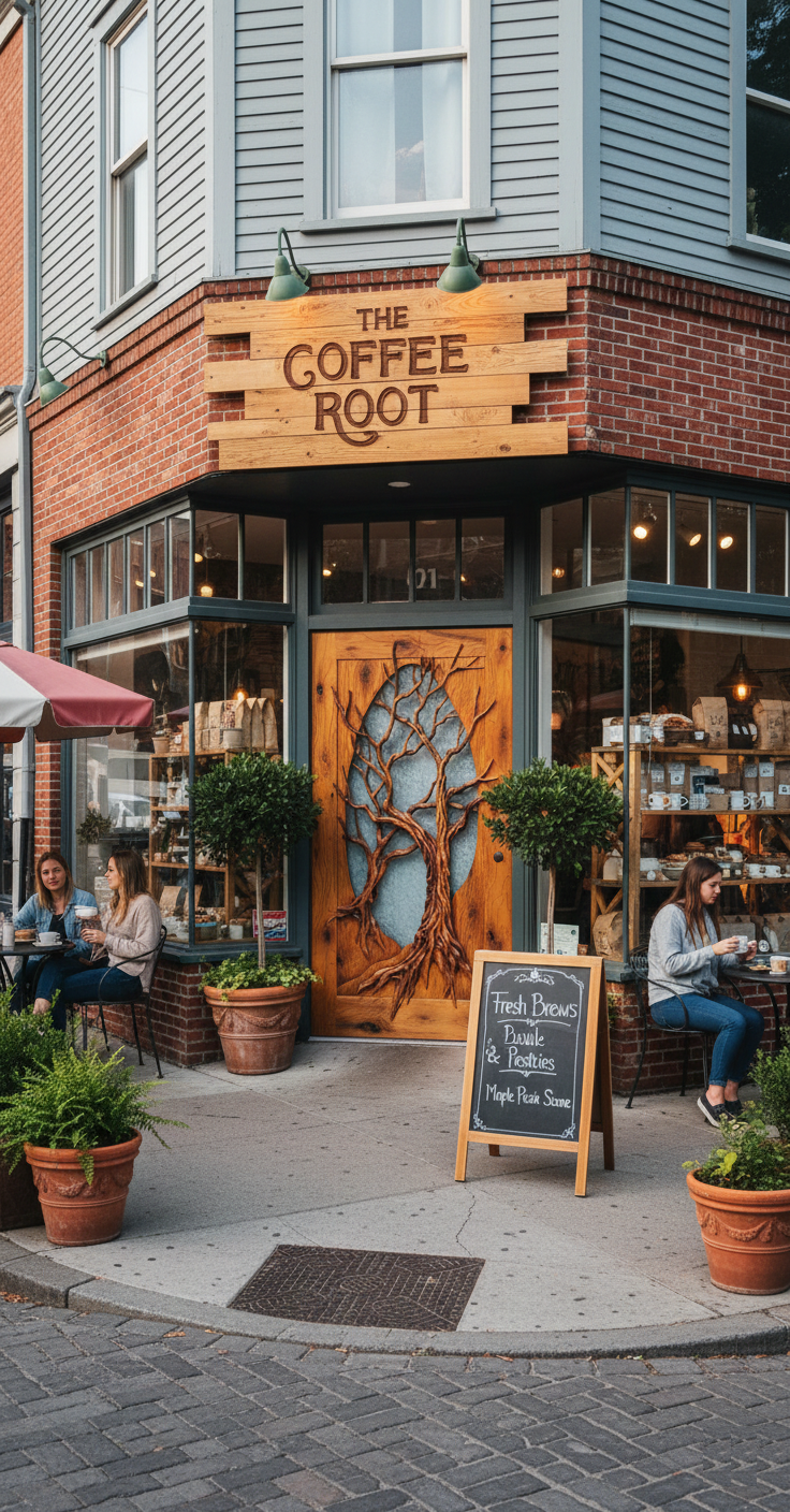 Hand-carved solid wood entry door featuring a dramatic dead old tree with intricate roots and branches in high-relief oval design, installed at The Coffee Root street cafe with brick facade, large windows and outdoor seating by Crown Custom Doors