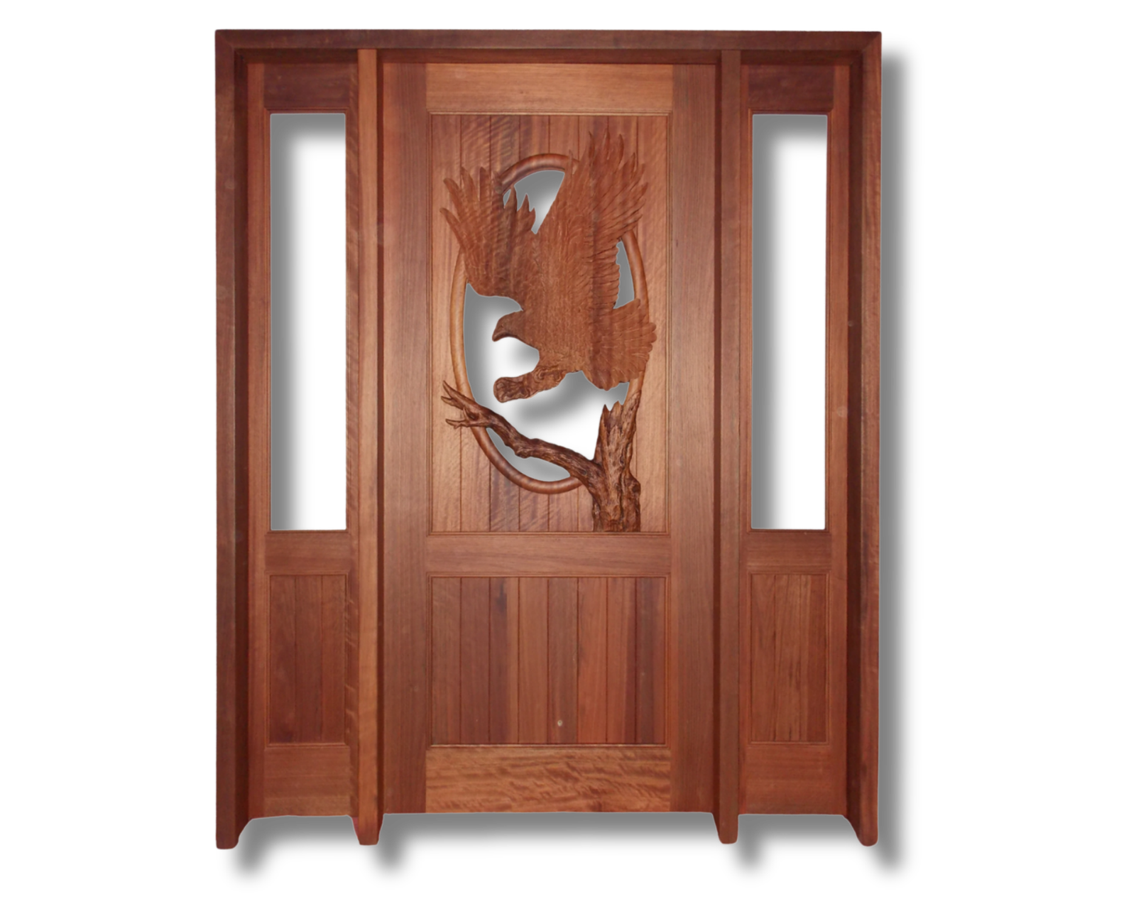 Hand-carved solid mahogany front entry door featuring a detailed 3D relief carving of a bald eagle landing on a branch, framed by dual glass sidelights and rich natural wood grain finish.
