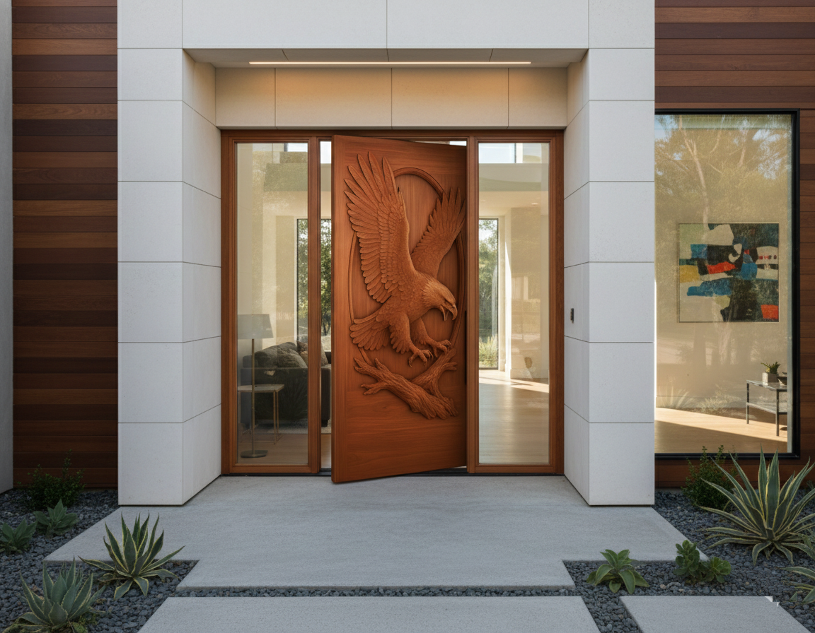 Custom handcrafted solid wood front entry door featuring a high-relief 3D carved bald eagle landing on a branch, set within full-height glass sidelights on a modern home with smooth white stone piers and dark wood siding.