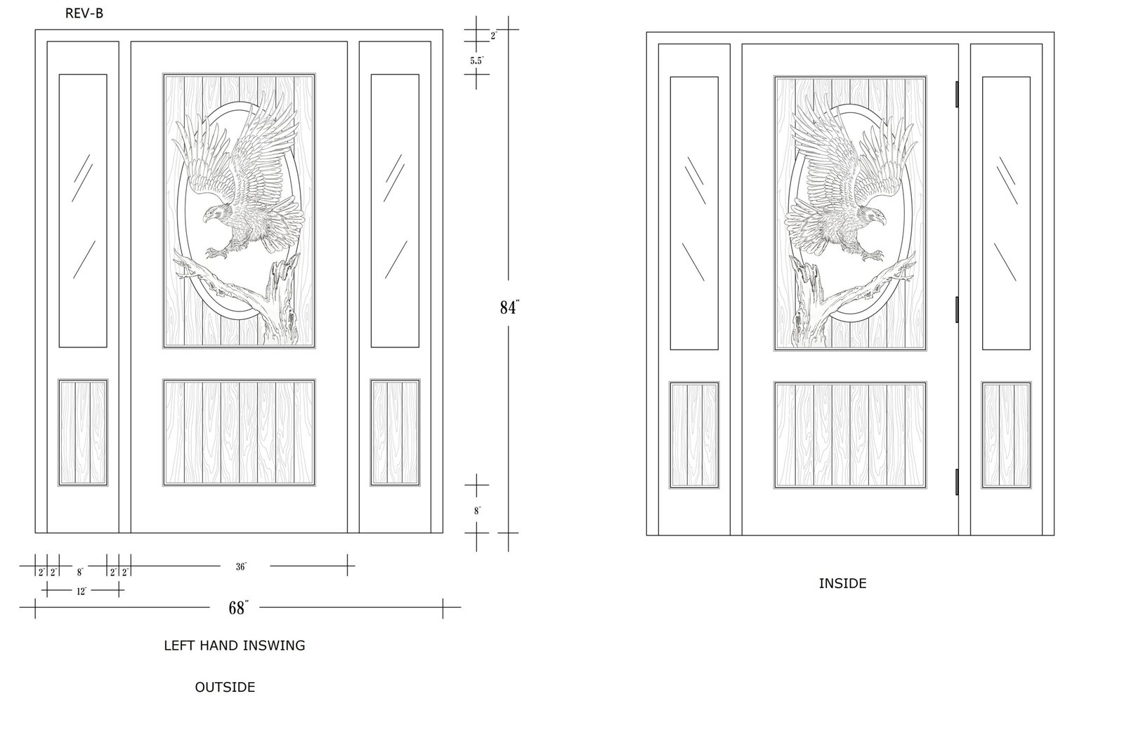 Architectural CAD drawing of a custom solid wood front entry door featuring a hand-carved bald eagle landing on a branch, paired with matching dual glass sidelights and bottom wood panels.