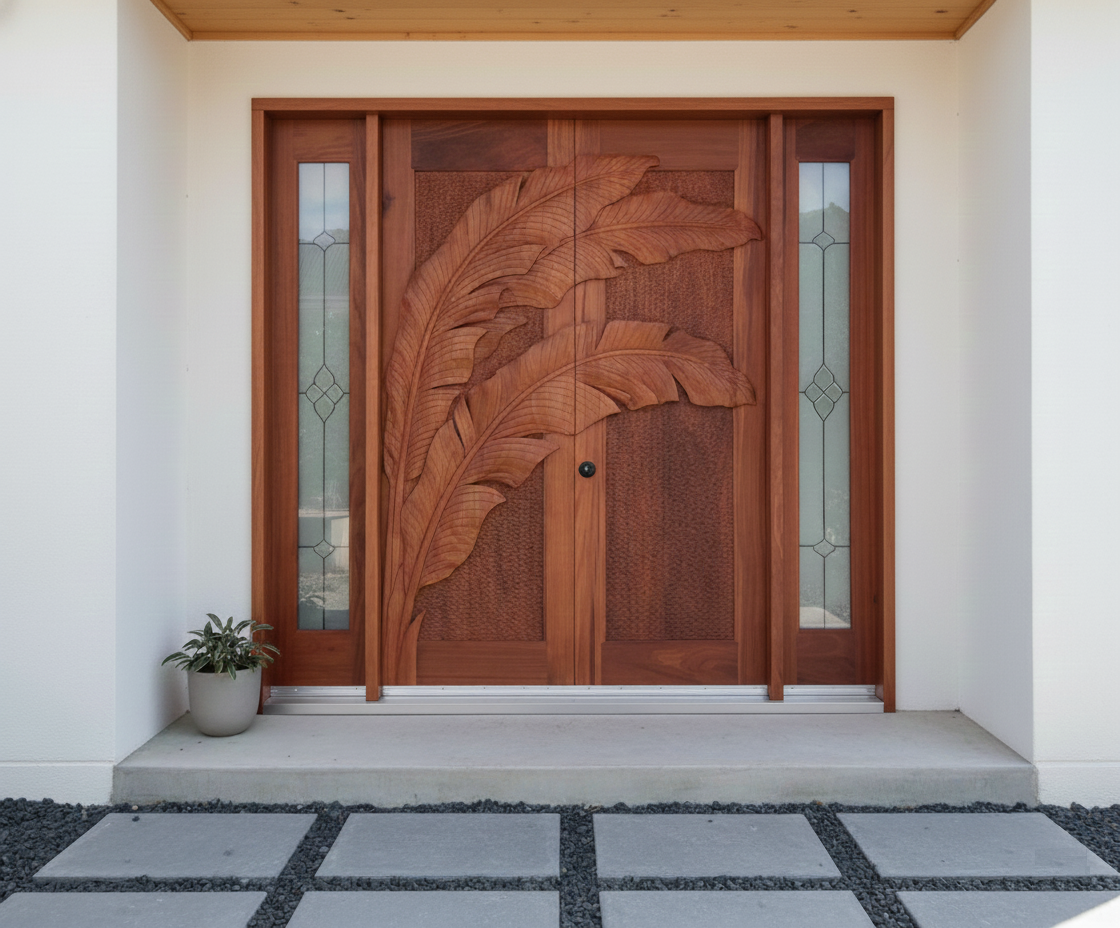 Modern porch view of installed solid wood double entry doors featuring a large hand-carved tropical banana leaf motif across both panels, flanked by leaded glass sidelights on a contemporary white home.
