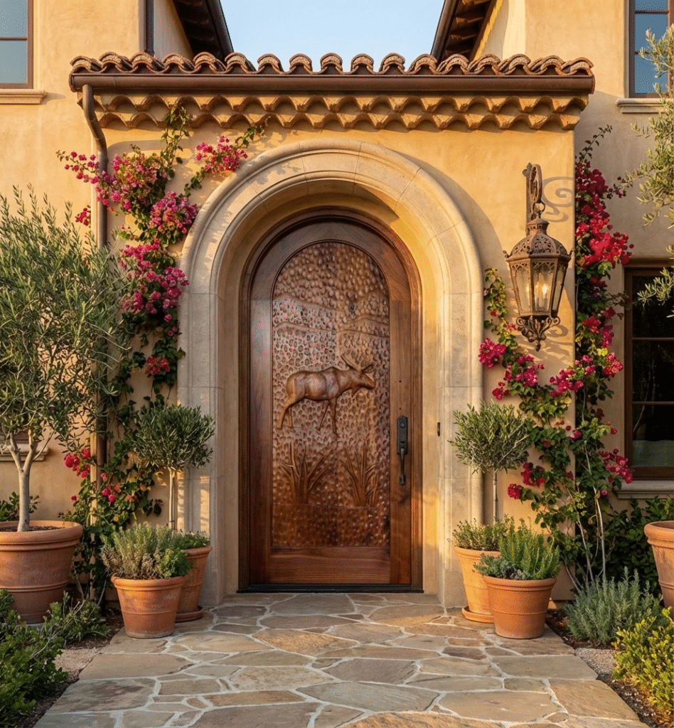 Grand golden-hour entrance view of an installed solid black walnut round-top arched single entry door with hand-carved bull moose relief art, set inside a carved stone archway on a luxury Mediterranean villa with bougainvillea vines.