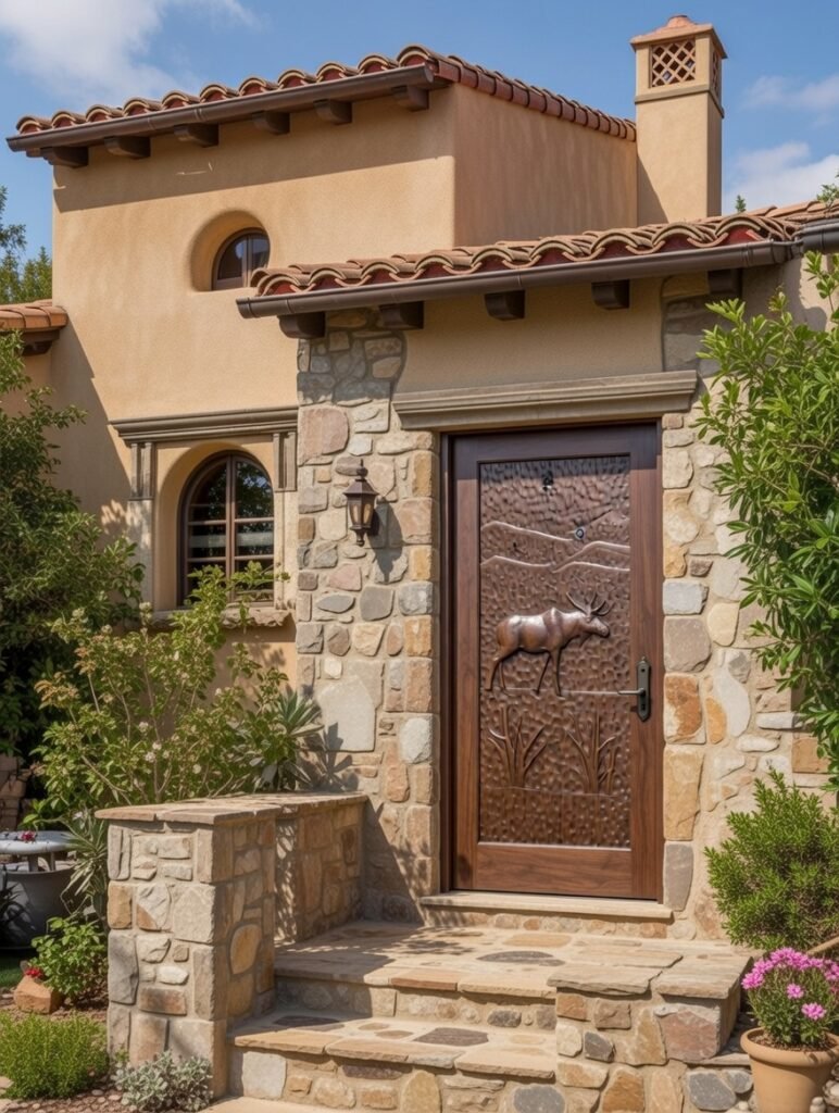 Exterior porch view of an installed solid black walnut single entry door featuring a high-relief hand-carved bull moose, set in a stone and stucco entrance on a Mediterranean estate with clay roof tiles.