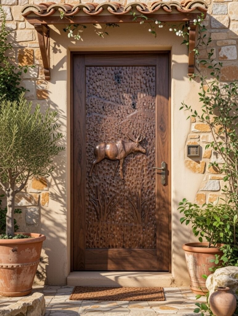 Sunlit entryway view of an installed solid black walnut single entry door featuring a high-relief hand-carved bull moose on a Mediterranean rustic villa with stone wall cladding and terra cotta roof awning.