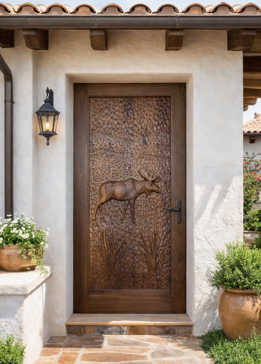 Exterior porch view of an installed solid black walnut single entry door featuring a high-relief hand-carved bull moose on a Mediterranean Spanish villa with stucco walls and clay tile roof.