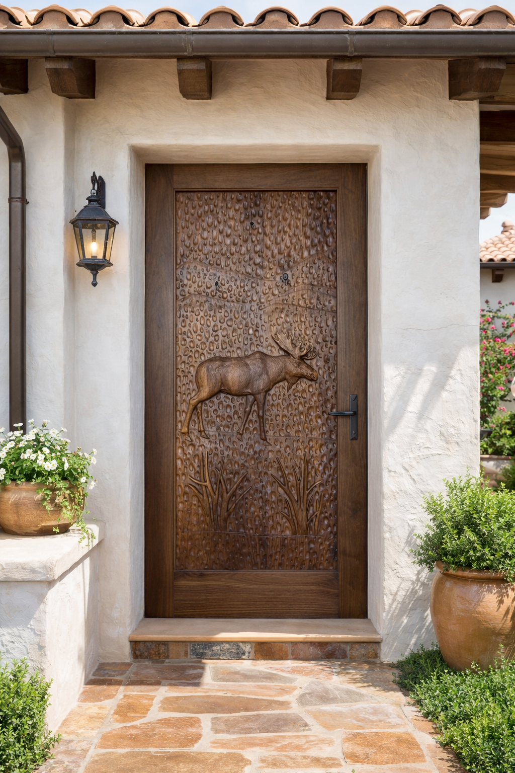 Exterior porch view of an installed solid black walnut single entry door featuring a high-relief hand-carved bull moose on a Mediterranean Spanish villa with stucco walls and clay tile roof.