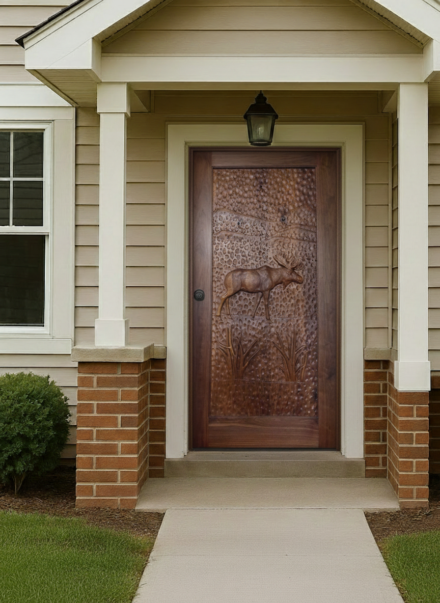 Daytime exterior porch view of an installed solid black walnut single entry door featuring a high-relief hand-carved bull moose against a hand-gouged textured wood panel on a suburban home with brick pillars and beige siding.