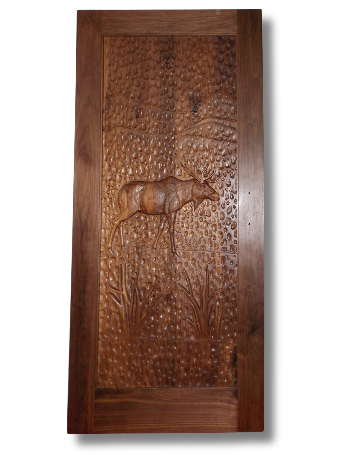 Isolated studio view on a black background displaying the exterior panel of a solid black walnut single entry door featuring a high-relief hand-carved bull moose set against a hand-gouged textured background with marsh grass details.