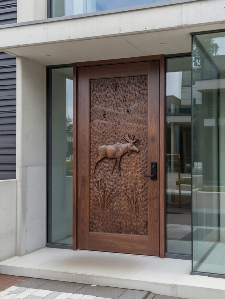 Sleek architectural entryway view of an installed solid black walnut single entry door featuring a high-relief hand-carved bull moose, flanked by floor-to-ceiling glass sidelights on a modern home with concrete and dark metal siding.