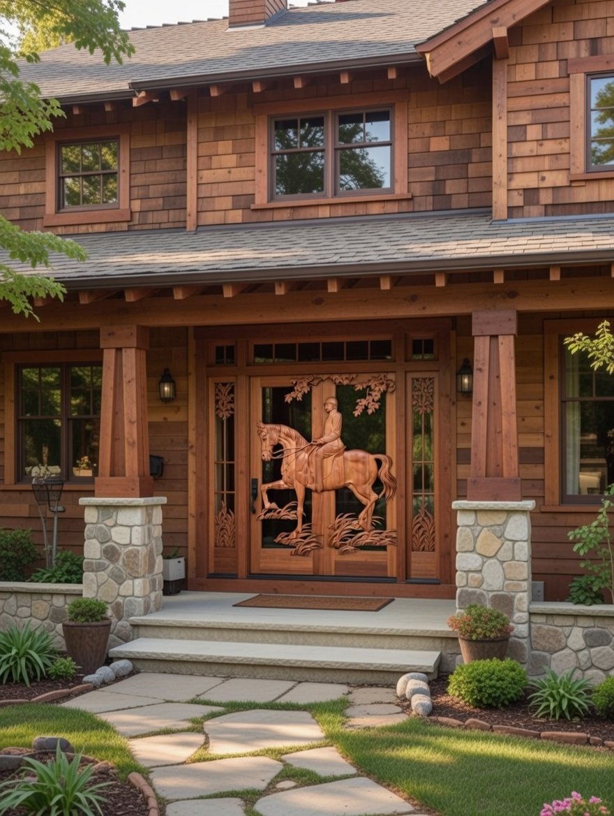 Craftsman home entryway featuring a hand-carved solid wood double door with an equestrian horse rider, matching sidelights, and a glass transom window.