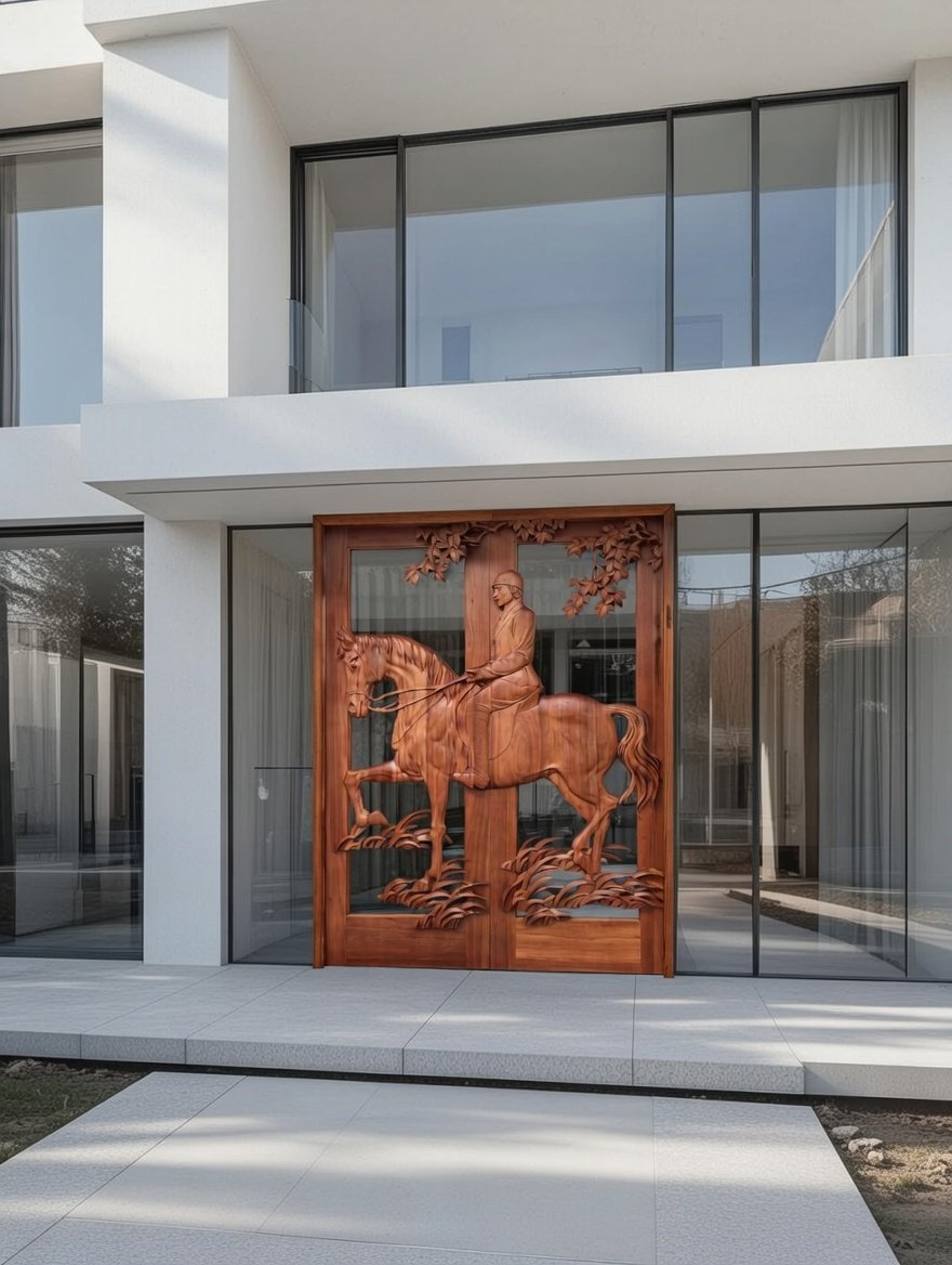 Ultra-modern white home entrance featuring a hand-carved solid wood double door with clear glass and an equestrian rider motif.