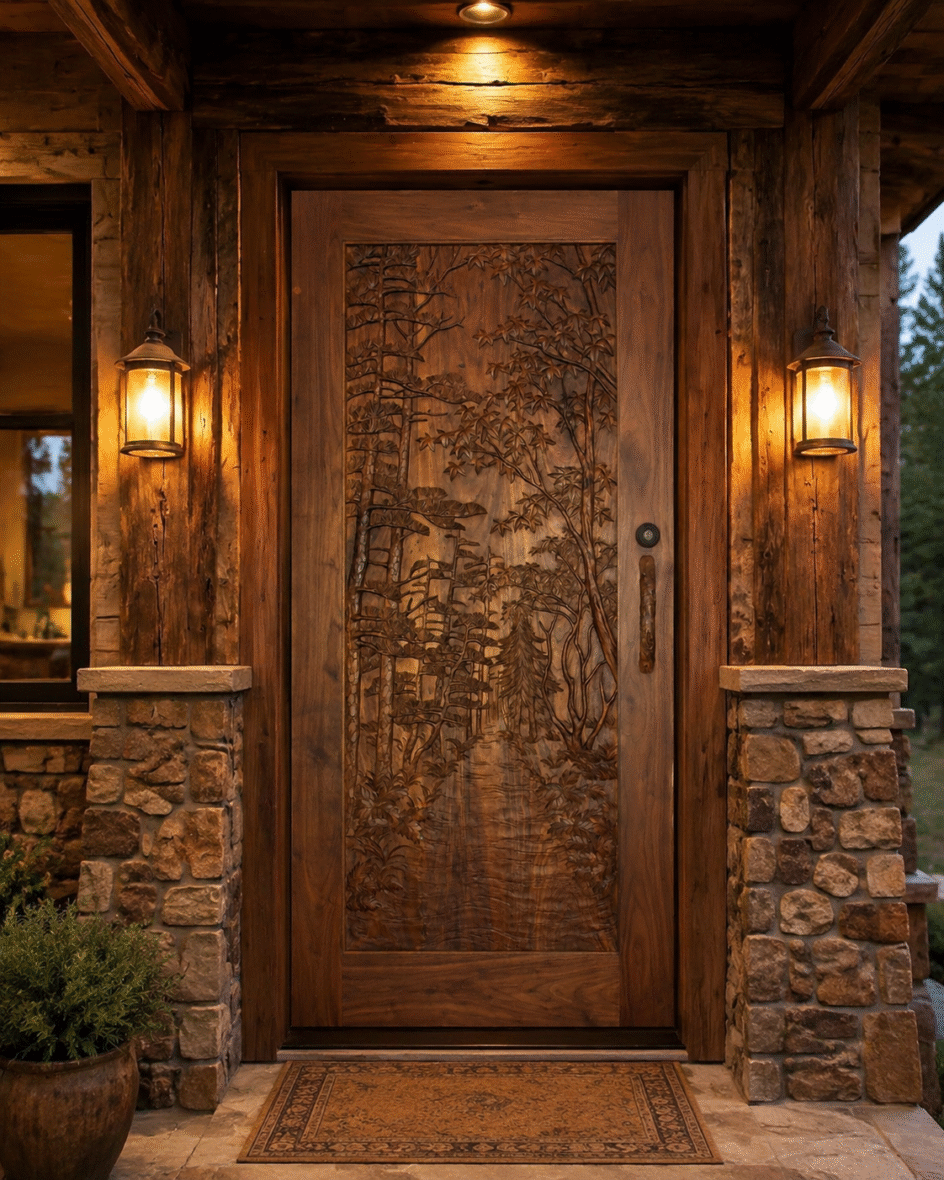 Warm evening porch view of an installed solid wood single entry door featuring a high-relief hand-carved forest and tree landscape, flanked by glowing lantern sconces and rustic stone pillars on a mountain lodge.