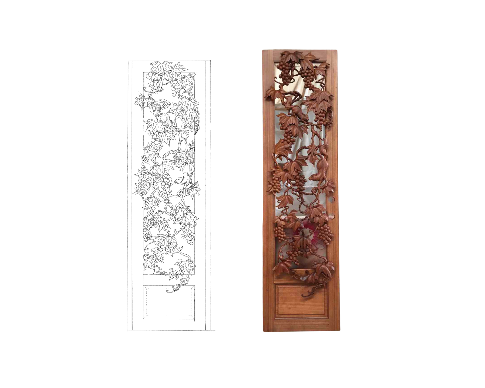 Rectangular solid wood wine cellar door with intricate 3D hand-carved grapevine vines over a clear glass panel, alongside a detailed architectural CAD line drawing.
