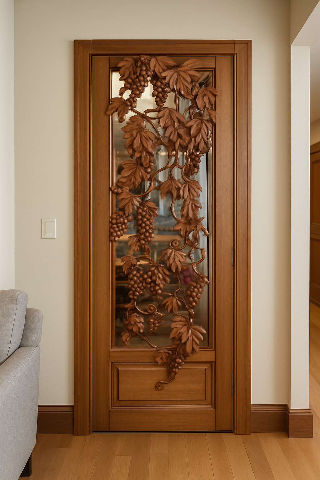 Hand-carved solid wood interior door with 3D grapevine leaves and grape clusters over a clear glass panel, installed in a modern home entryway.