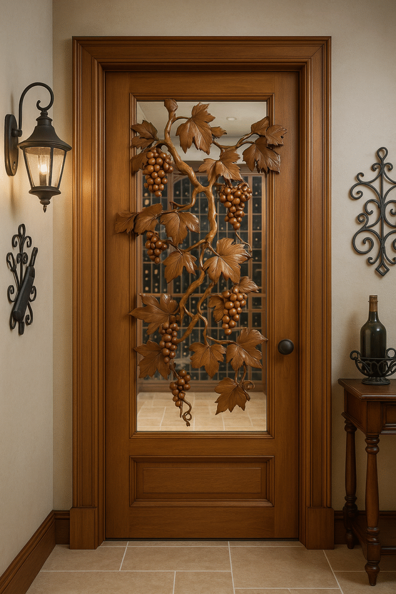 Hand-carved solid wood wine cellar door featuring intricate 3D carved grapevine leaves and grape clusters over clear glass, leading into a luxury home wine room.