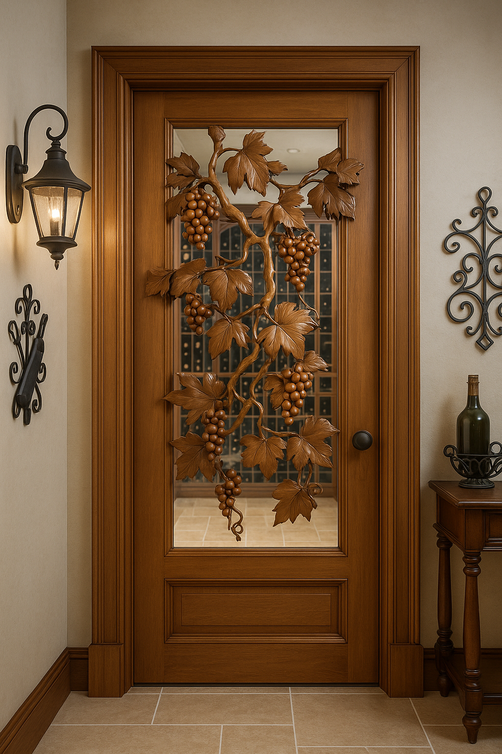 Hand-carved solid wood wine cellar door featuring intricate 3D carved grapevine leaves and grape clusters over clear glass, leading into a luxury home wine room.