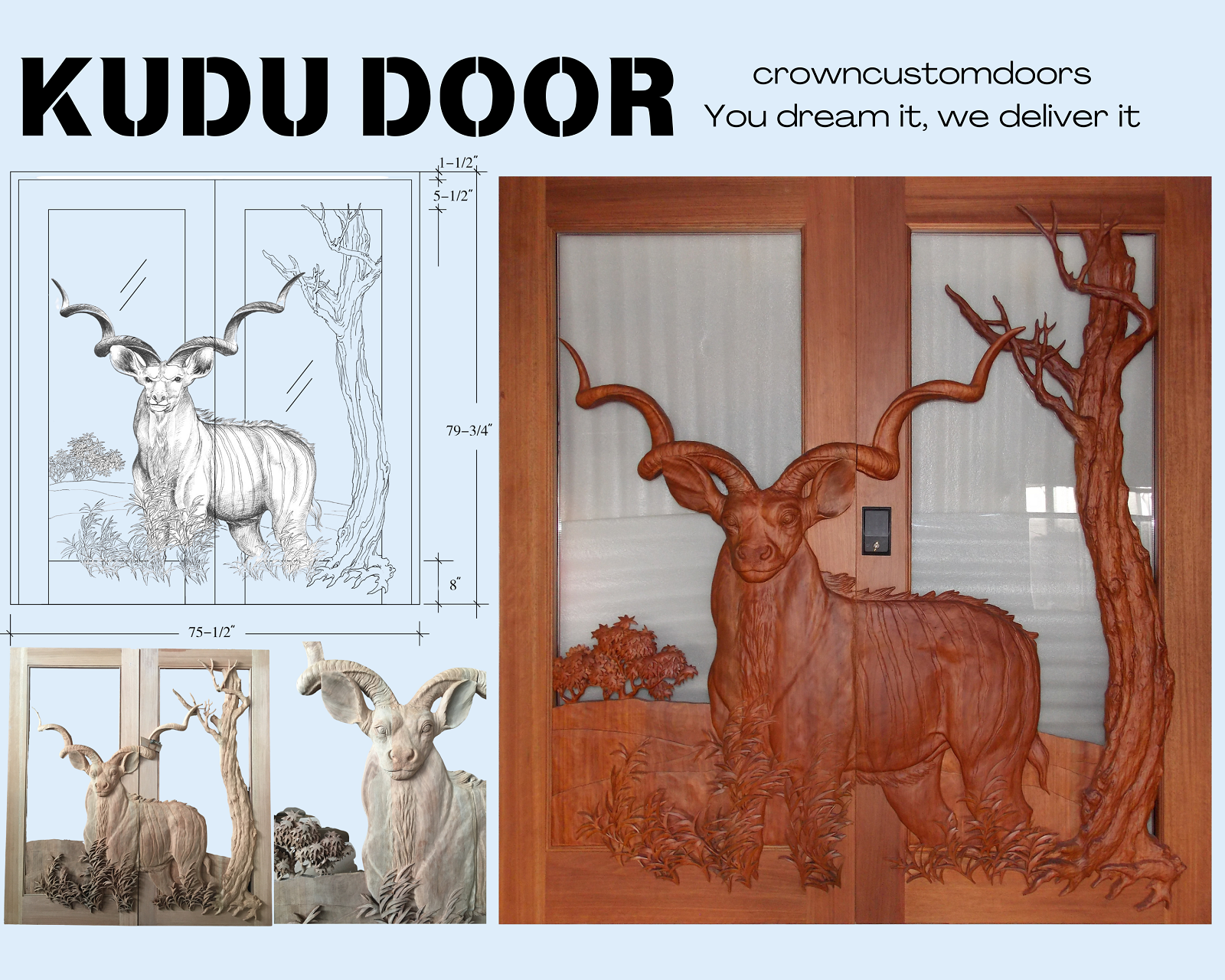 Custom hand-carved solid wood double doors featuring a 3D relief carving of a kudu bull, showcasing design schematics and finished mahogany-stained installation with glass backing.