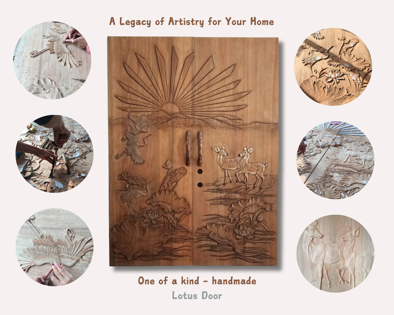 Showcase infographic of handcrafted solid wood double entry doors featuring hand-carved lotus flowers, flying cranes, deer, and a rising sun design, surrounded by close-up carving process photos for a custom craftsman home.
