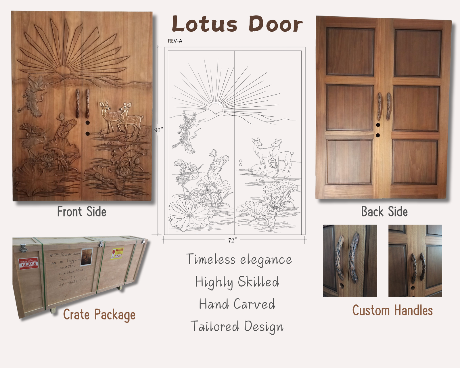 Technical specification diagram showing front hand-carved lotus and deer design, 72x96 CAD line drawing, interior back paneling, rustic branch handles, and secure shipping crate packaging for a custom craftsman home.