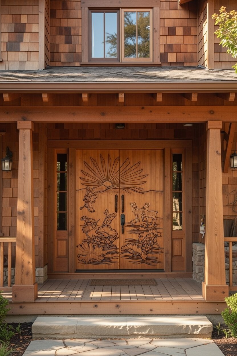 Exterior front porch view of installed hand-carved solid wood double entry doors with lotus, crane, and deer motif, featuring matching sidelights on a craftsman cedar shingle style home.