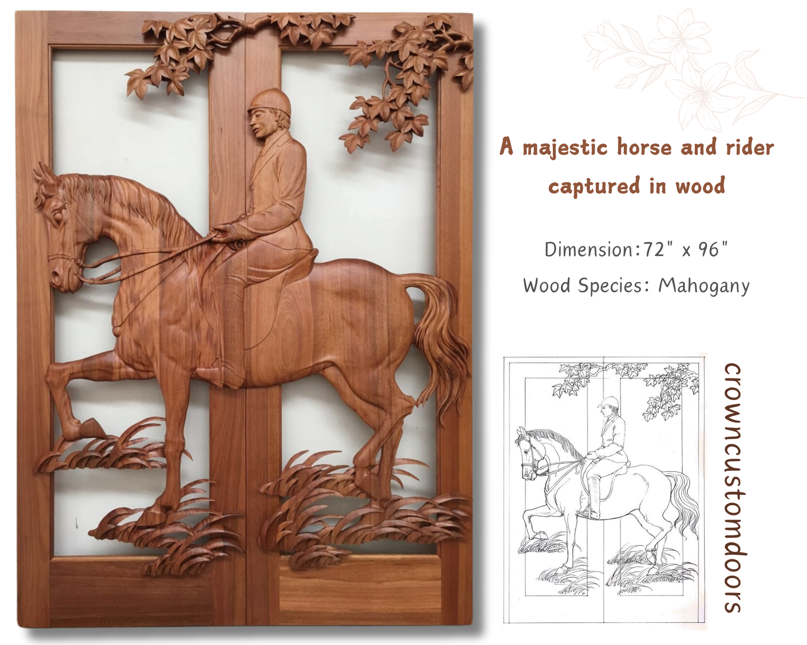 Product showcase of a 72x96 inch hand-carved mahogany solid wood double door featuring an equestrian horse and rider motif.