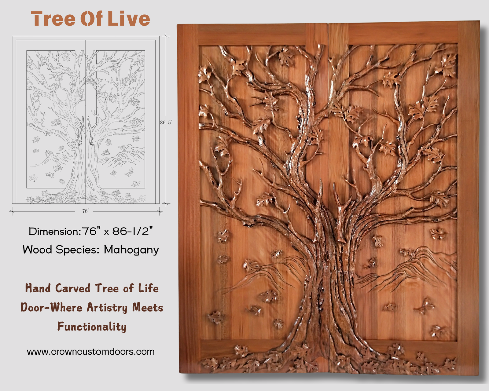 Handcrafted mahogany solid wood double entry door titled Tree of Life, featuring a continuous 3D high-relief carving of a spreading oak tree across both door panels, complete with technical design schematic and dimensions by Crown Custom Doors.