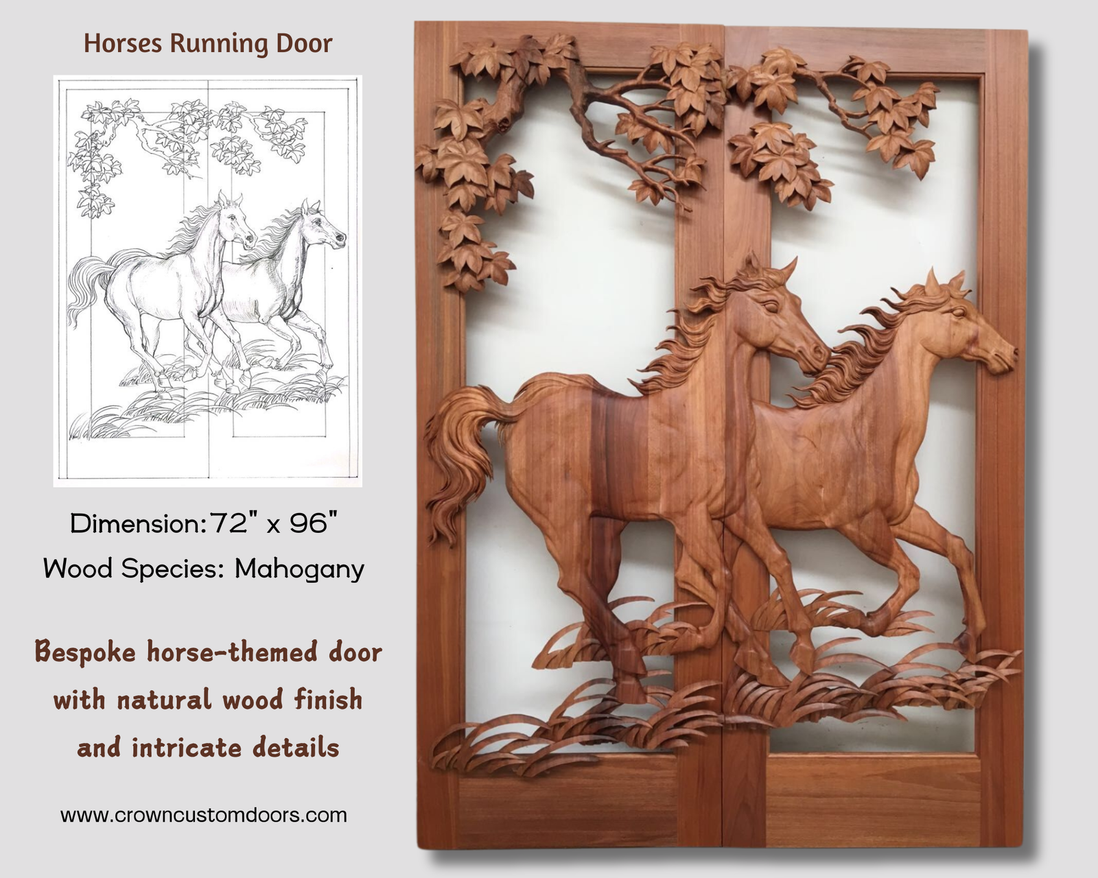 Product showcase of a 72x96 inch hand-carved mahogany solid wood double door featuring two running horses with glass cutouts.