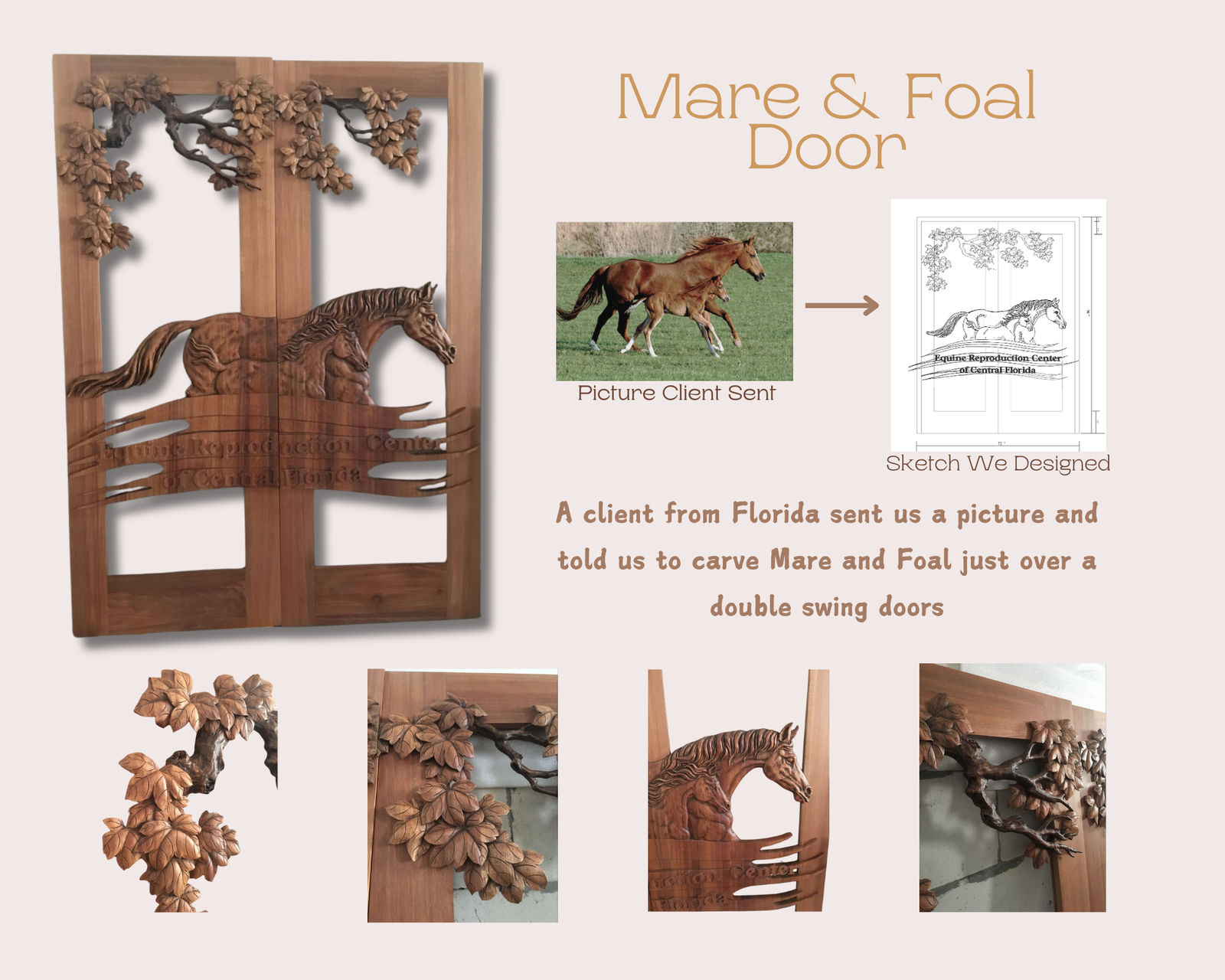 Custom wood door design process showing client reference photo, CAD architectural sketch, and finished hand-carved mare and foal double door.