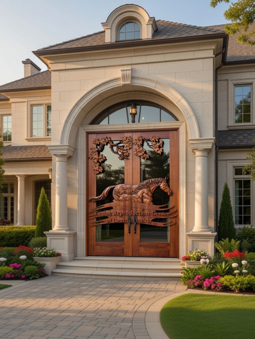 Luxury mansion entryway with grand stone arch and a hand-carved solid wood double door featuring a mare and foal motif over glass.