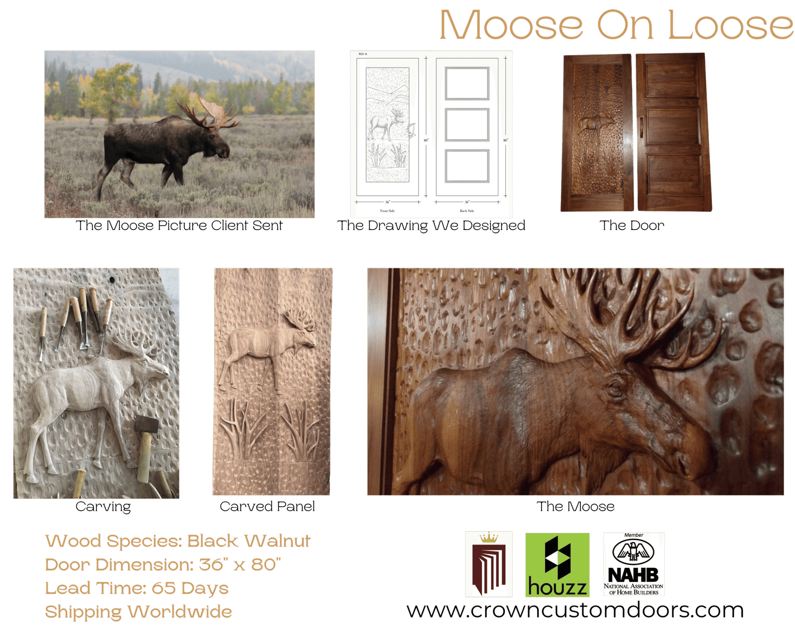 Product collage board titled Moose On Loose showcasing CAD drawings, hand-carving chisels in progress, and finished black walnut solid wood entry door featuring a relief bull moose for a mountain lodge.