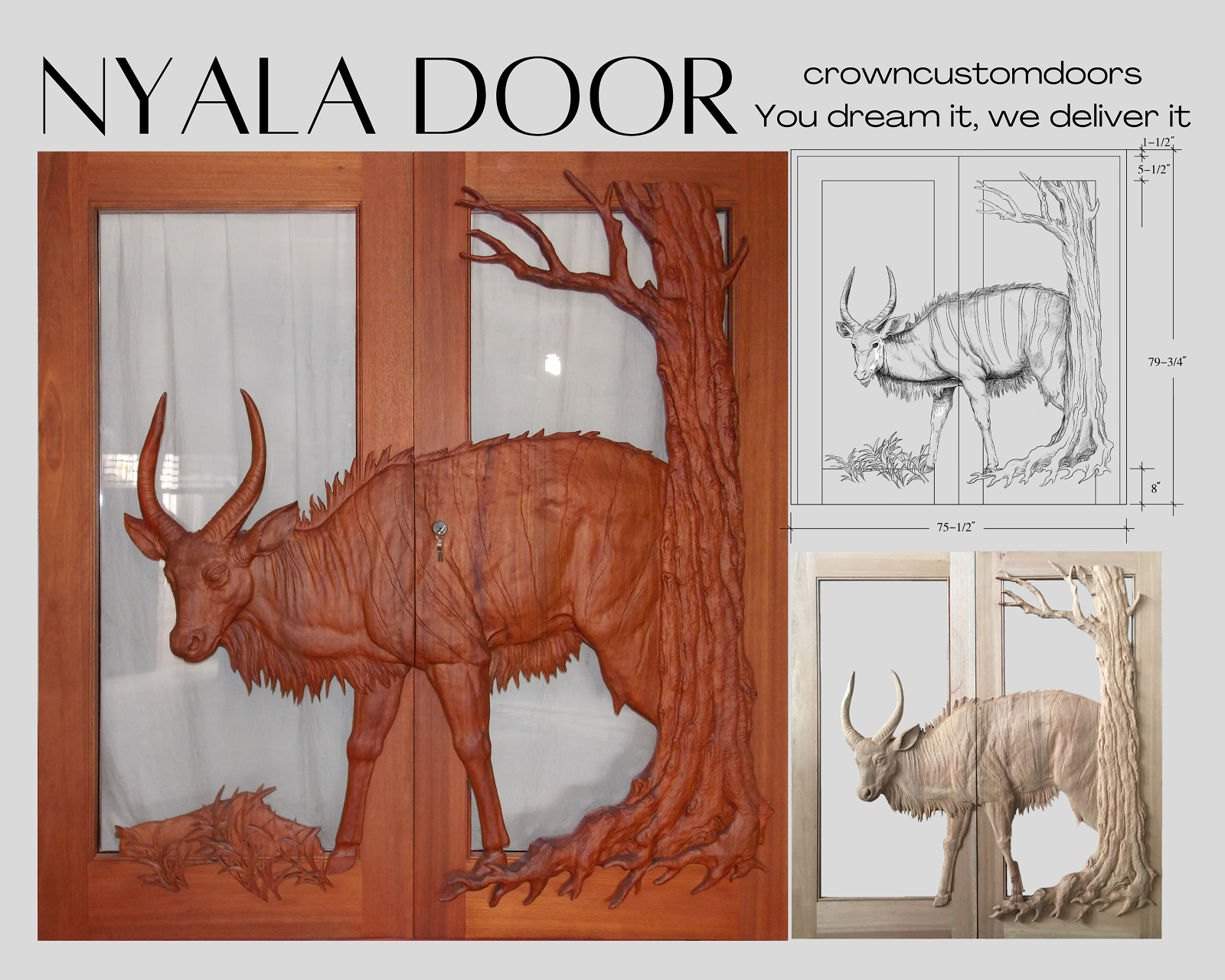 Custom hand-carved solid wood double doors featuring a 3D relief carving of a Nyala antelope, displaying CAD schematics, raw carving, and finished mahogany-stained installation with glass panels.
