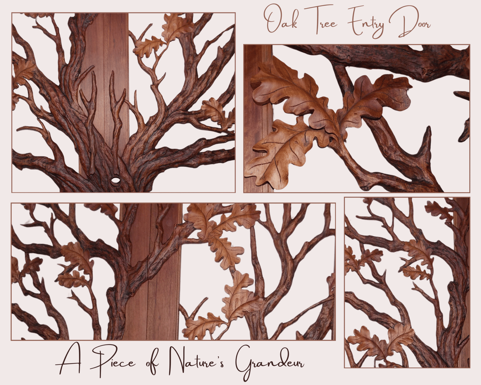 Close-up details of handcrafted solid wood oak tree door showing deep 3D bark texture, sculpted branches, and individual oak leaf carvings.