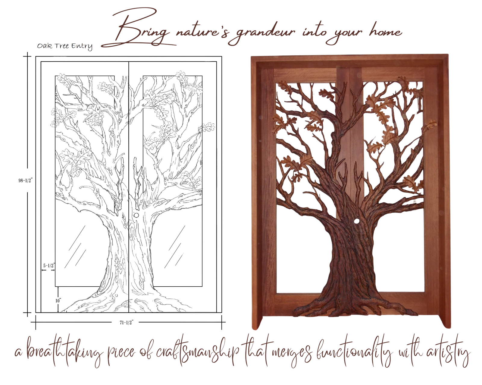 Architectural CAD drawing and finished hand-carved solid mahogany double entry door featuring a realistic 3D oak tree relief with spreading branches and leaf carving.