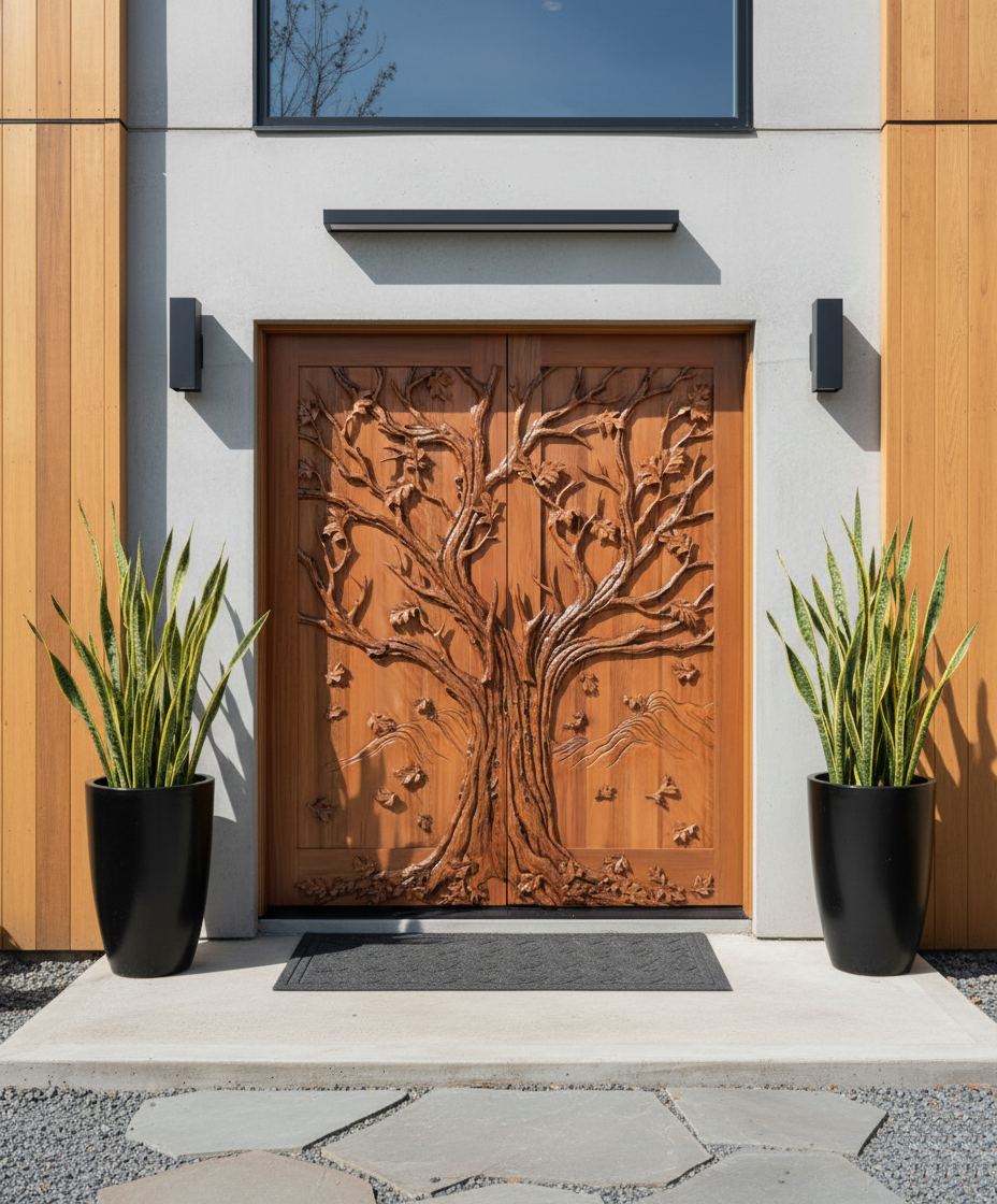 Custom handcrafted solid wood double entry door featuring a continuous 3D relief carved oak tree with spreading branches and falling leaves, installed on a modern home with concrete walls and potted snake plants.