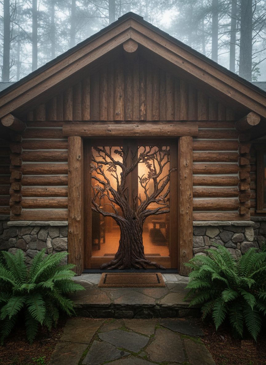 Custom hand-carved oak tree solid wood double entry door installed on a rustic log cabin home surrounded by misty pine trees.