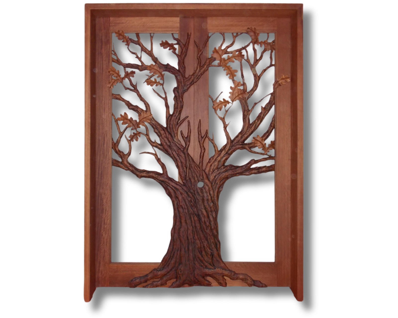 Hand-carved solid wood double entry doors featuring a detailed oak tree sculpture relief across both door panels.