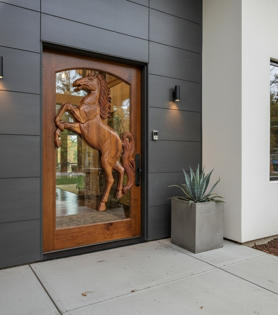 Modern home entryway with dark wall panels and an arched solid wood single entry door with clear glass and a rearing horse carving.