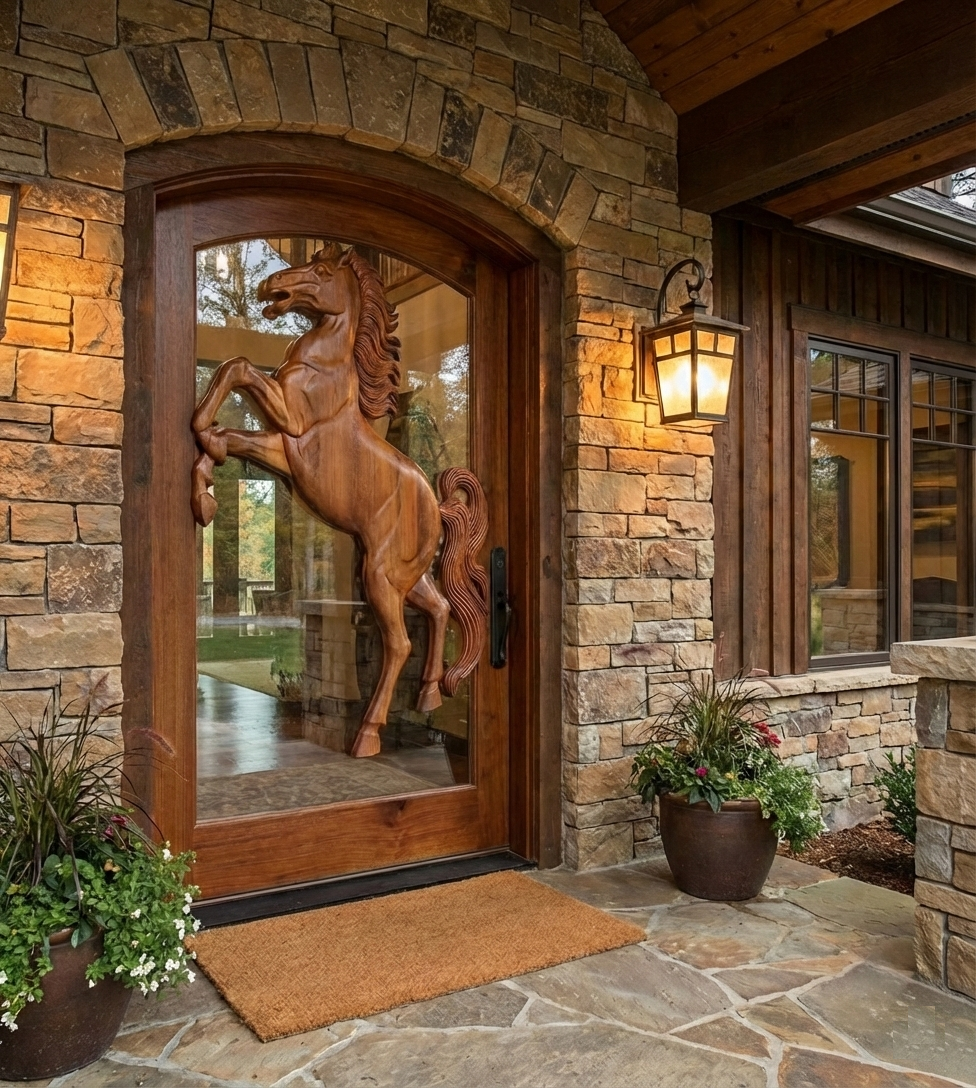 Rustic stone home entryway featuring an arched solid wood single entry door with clear glass and a hand-carved rearing horse overlay.