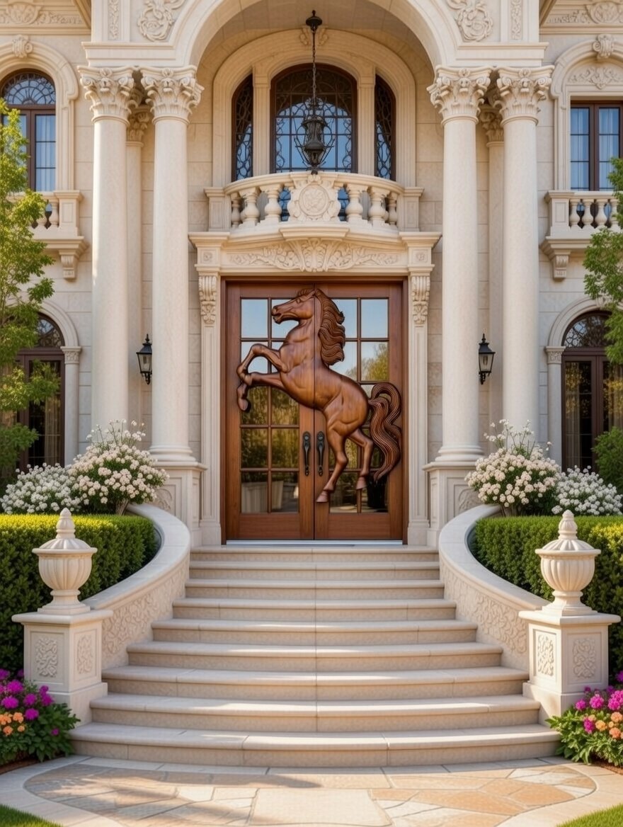 Grand mansion entryway with majestic stone stairs and a solid wood double entry door featuring a hand-carved rearing horse overlay.