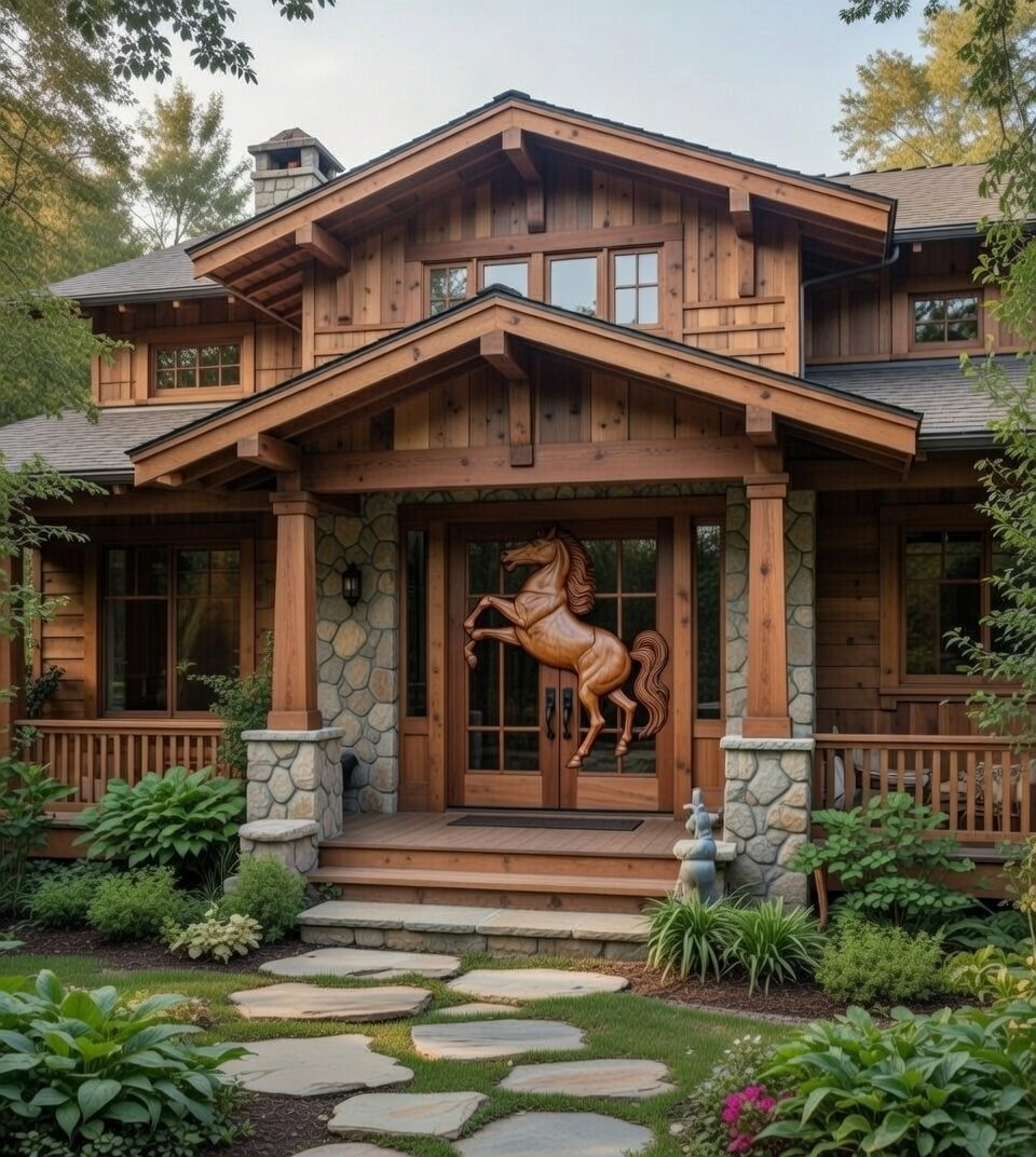 Craftsman lodge entryway featuring a solid wood double entry door with glass panes and a hand-carved rearing horse overlay.
