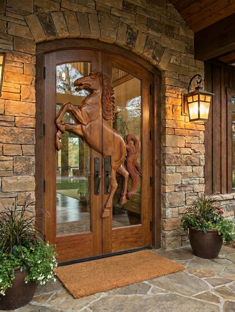 Rustic stone home entry with a flat arched solid wood double door featuring clear glass and a hand-carved rearing horse overlay.