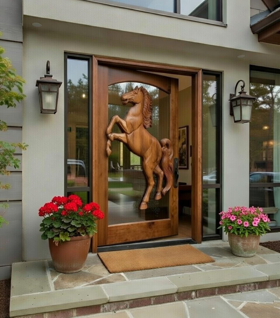 Contemporary home entryway featuring a single solid wood glass-paneled door with a hand-carved rearing horse overlay and glass sidelights.
