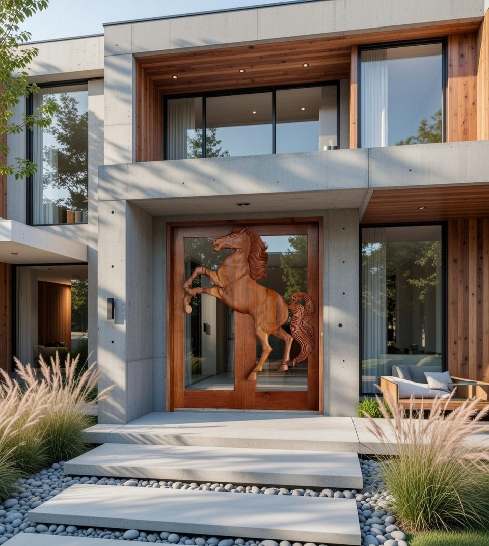 Modern concrete home entrance featuring a hand-carved solid wood double door with glass panes and a high-relief rearing horse motif.