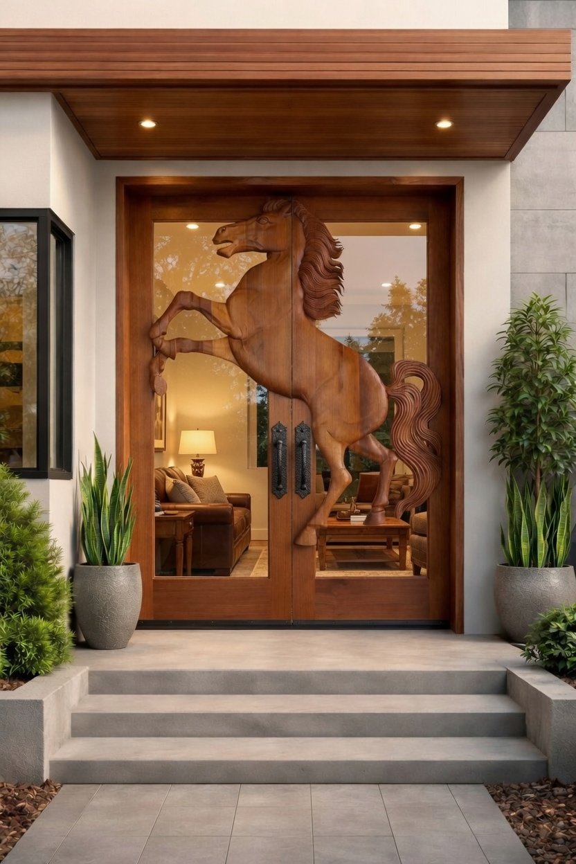 Warm modern home entryway with concrete steps, potted plants, and a hand-carved solid wood double door featuring a rearing horse over clear glass.
